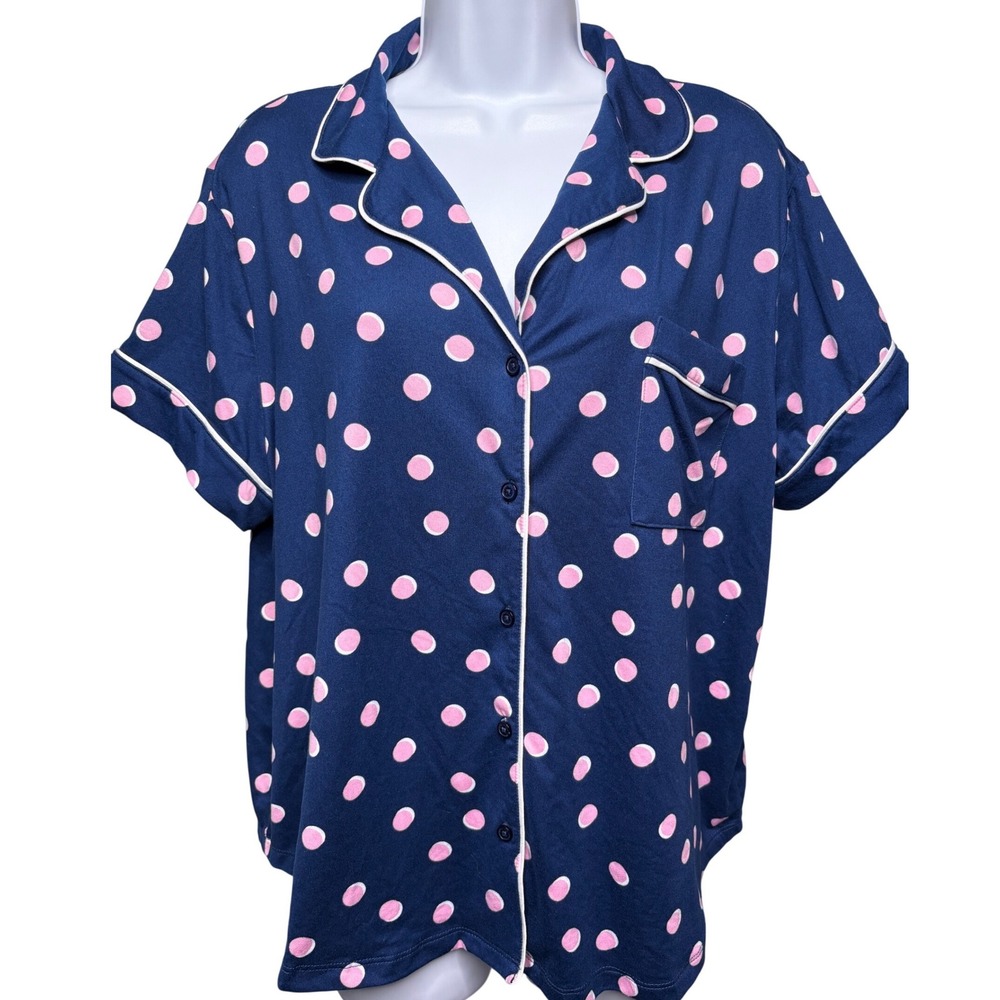 KATE SPADE Womens Navy Polka Dot Short Sleeve Pajama Top w/Pocket Sz XL Coquette